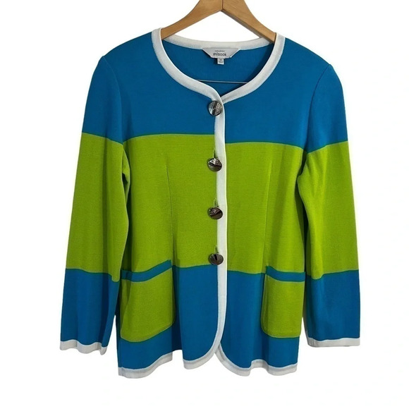 Exclusively Misook Colorblock Cardigan Sweater Medium Statement Buttons Pockets - Picture 1 of 8